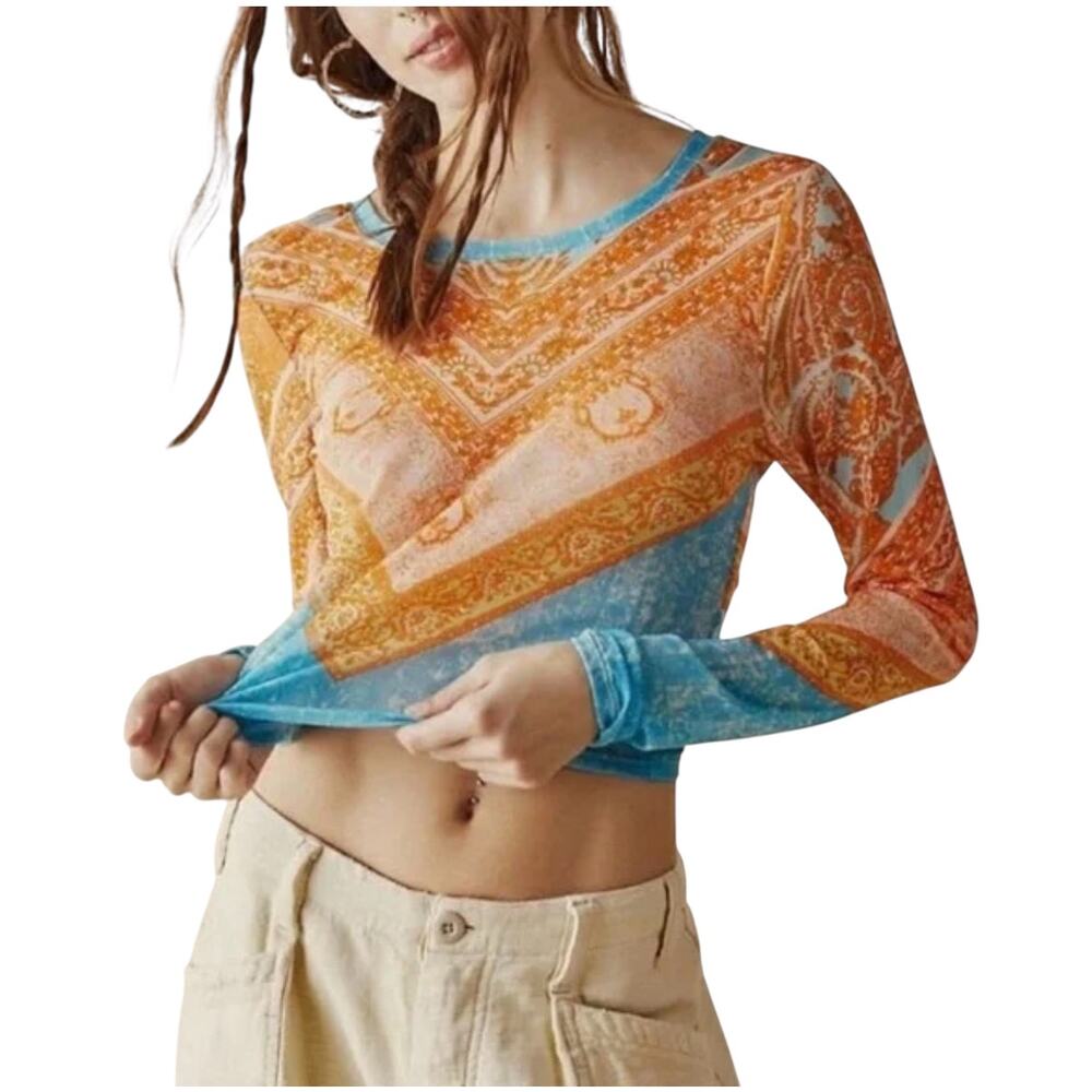 Free People Its My Party Mesh Top‎ Orange Blue Paisley Open Back Crop XS
